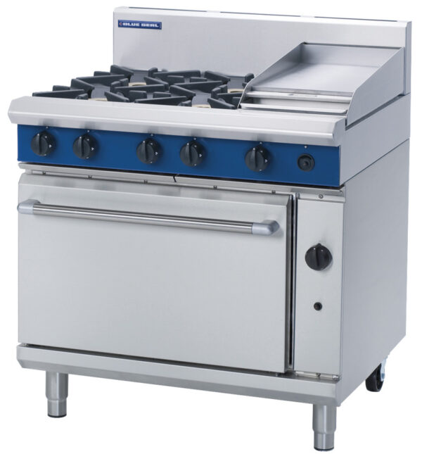 Blue Seal Black Series G506C Gas Combination 4 Burner and 300mm Griddle on 2/1 GN Static Oven. (NG Gas)