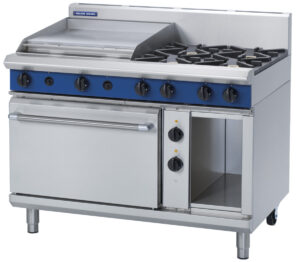 Blue Seal Black Series GE508B 1200mm Gas Combination 4 Burner Cooktop with 600mm Griddle on 2/1 GN Electric Oven. (NAT Gas)