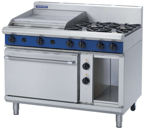 Blue Seal Black Series GE508B 1200mm Gas Combination 4 Burner Cooktop with 600mm Griddle on 2/1 GN Electric Oven. (NAT Gas)