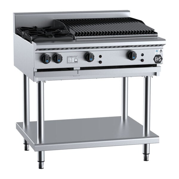 B&S BT-SB2-CBR6 Combination 2 Burner & 600mm Char Broiler with Open Stand and Undershelf. (LPG Gas)