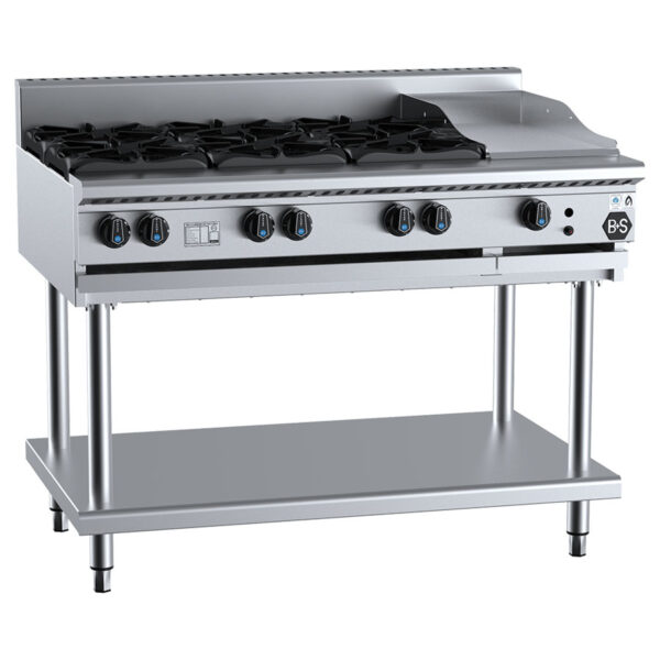 B&S BT-SB6-GRP3 Gas Combination 6 Open Burner with 300mm Grill Plate (LPG Gas)
