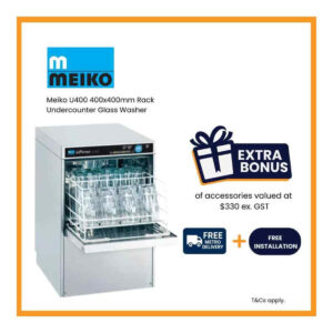 Meiko Upster Series PROMO-U400 Undercounter Glasswasher Supply and Install Package, 400x400mm Rack with 3 Cycles 120, 180, 240sec & Drain Pump