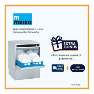 Meiko Upster Series PROMO-U500 Undercounter Dishwasher Supply and Install Package, 500mm Rack with 3 Cycles 120, 180, 240sec & Drain Pump