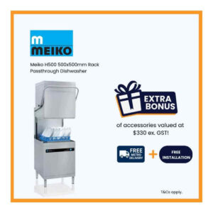 Meiko Upster Series PROMO-H500 Economic 500x500mm Rack Pass Through Dishwasher with Drain Pump Supply and Install Package