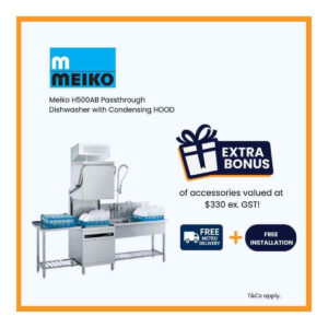 Meiko Upster Series PROMO-H500AB Pass-Through Dishwasher with Heat Exchanger Airbox/Condensing HOOD Supply and Install Package, 3 Wash Cycles