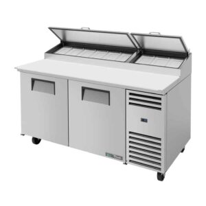 True Refrigeration TPP-AT-67-HC Two Solid Door, 9 x 1/3GN Self Contained Pizza Preparation Fridge