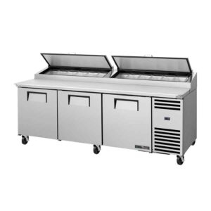 True Refrigeration TPP-AT2-93-HC Three Solid Door, 12 x 1/3GN Self Contained Pizza Preparation Fridge