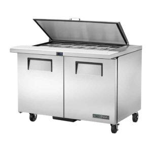 True Refrigeration TSSU-48-18M-C-HC-FLID Two Solid Door, 18 x 1/6GN Sandwich/Salad Prep Table Fridge with Flat Lid