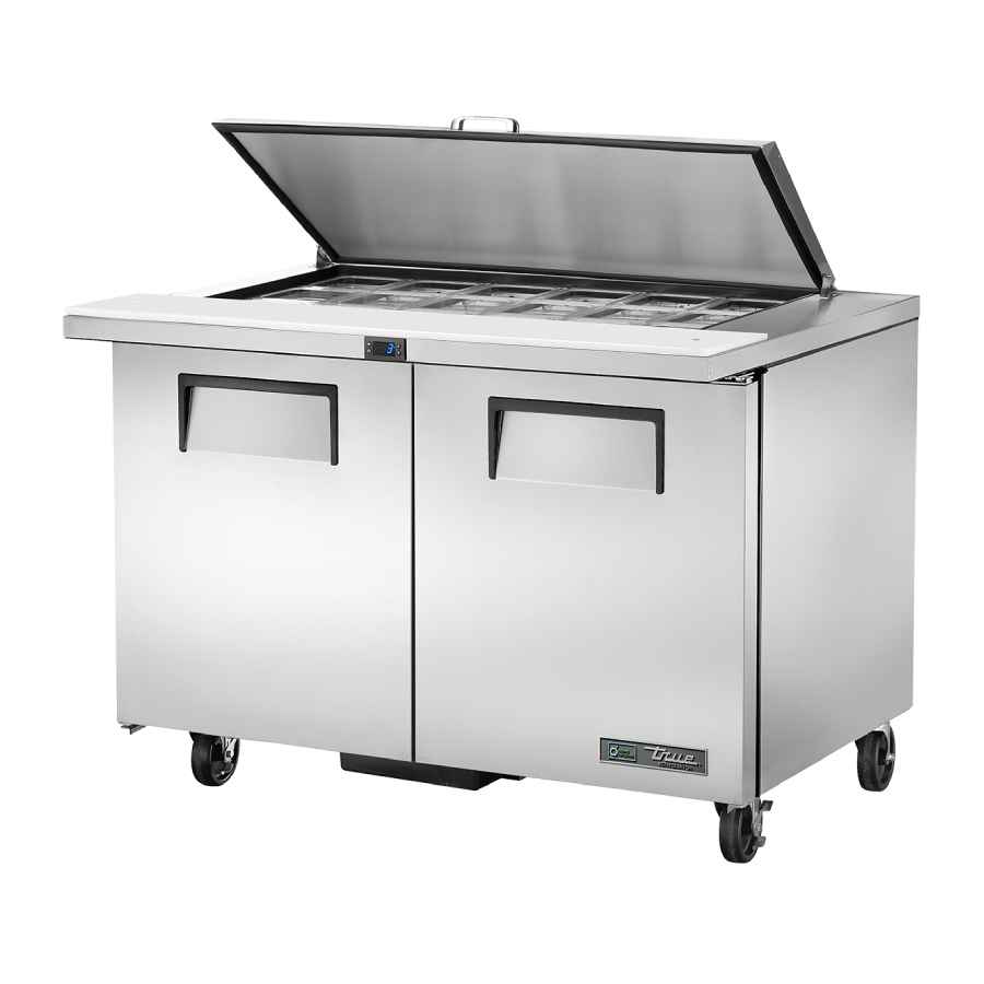 True Refrigeration TSSU-48-18M-C-HC-FLID Two Solid Door, 18 x 1/6GN Sandwich/Salad Prep Table Fridge with Flat Lid True Refrigeration TSSU-48-18M-C-HC-FLID Two Solid Door, 18 x 1/6GN Sandwich/Salad Prep Table Fridge with Flat Lid