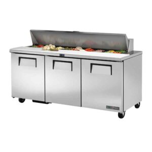 True Refrigeration TSSU-72-18-HC Three Solid Door, 18 x 1/6 GN Sandwich/Salad Prep Table Fridge